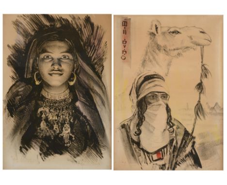 MAURICE FIEVEL? Portrait of an Arab with camel, lithograph in colours, signed in pen and variously annotated, 49.5 x 33cm; an