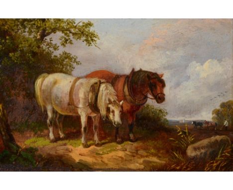 R BENEDICT (19TH CENTURY) Two plough horses at rest beneath a tree, signed, oil on panel, 10 x 15cm
