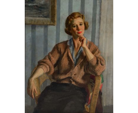 COURTENAY HUNT (20TH CENTURY) Portrait of a lady seated in a chair, signed, oil on board, 75 x 59cm