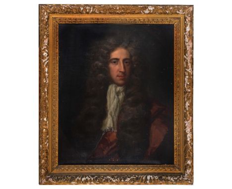 CIRCLE OF SIR GODFREY KNELLER (1646-1723) Portrait of Mr Dennis wearing long grey powdered wig, cravat and maroon cloak, oil 