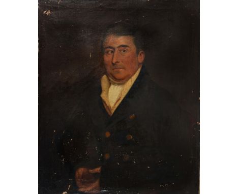 ENGLISH SCHOOL (EARLY 19TH CENTURY) Half length portrait of a gentleman wearing buttoned overcoat and with his hands clasped,