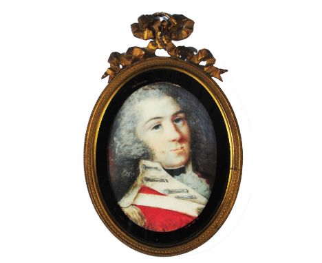 ENGLISH SCHOOL (EARLY 19TH CENTURY) Portrait of a military officer in uniform with red top coat and grey hair, on ivory, 7 x 