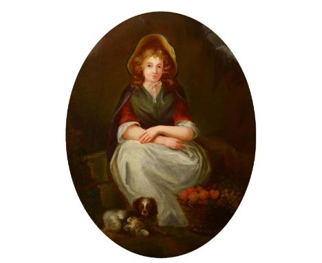 FOLLOWER OF FRANCIS WHEATLEY Portrait of a farm girl wearing a bonnet, her arms folded and with a spaniel and basket of fruit