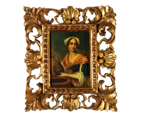 ENGLISH SCHOOL (19TH CENTURY) Portrait of a lady with a jug, oil on metal, 9 x 7cm, in a gilt Florentine frame.