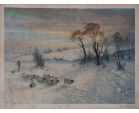 AFTER JOSEPH FARQUHARSON A shepherd with sheep in a snowy winter landscape, print in colours, pencil signed in the margin, pu