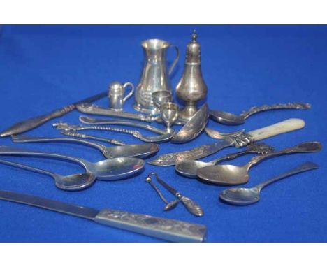 LARGE LOT OF LOOSE SILVER FLATWARE AND SMALL SILVER ITEMS
including a pepper shaker, an embossed milk jug, a fruit fork, a sa