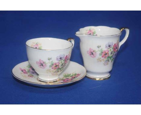 ROYAL STAFFORD 'HENLEY' BONE CHINA TEA SERVICE
deocrated with floral posey in pink and purple, with gilt highlights