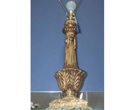 LARGE CAST BRASS TABLE LAMP
on a square plinth base with four bracket feet and baluster form column, 80cm high