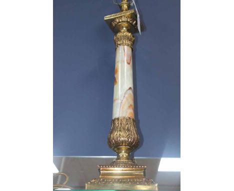 LARGE CAST BRASS AND ALABASTER COLUMN TABLE LAMP
on a square plinth base and similar square top, green and red viened alabast