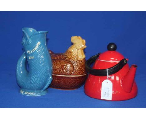 VINTAGE RED ENAMEL KETTLE
together with a Plymouth Gin gargle jug and a brown glazed ceramic hen dish (3)