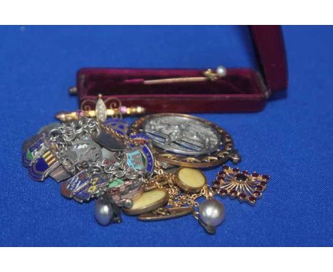 SILVER CHARM BRACELET, GOLD STICK PIN, OMEGA WATCH FACE
and other items of costume jewellery 