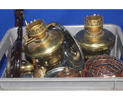 COLLECTION OF BRASS AND COPPER WARES
including oil lamp base, Islamic ewer, copper teapot; together with a carved mahogany ba