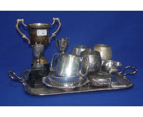 LOT OF SILVER PLATED WARES
including trophy cups, silver plated tray with two handles, toast rack, hotelware, flatware, etc 