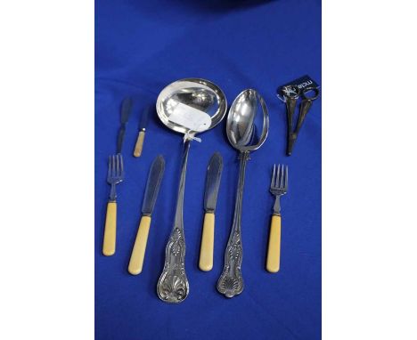 SILVER PLATED LADLE AND SERVING SPOON
along with other plated fish cutlery, etc 