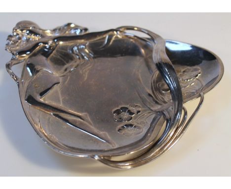 An early 20thC WMF Art Nouveau card tray, of part shaped form raised with a semi-clad lady, her hair forming the handle, with