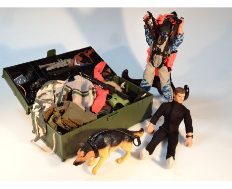 Various vintage Action Man figures and dolls, to include a figure dressed in parachute uniform, alsatian, 9cm high, and a qua