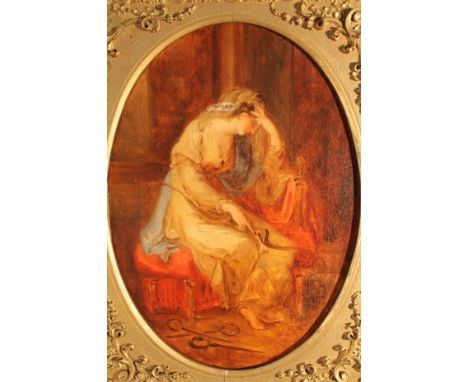 18thC English School. Seated lady in melancholic mood, holding bow, oval oil on canvas, 29cm x 21cm. (AF)