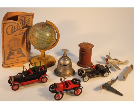 Various early 20thC tin plate, to include postal money box, table globe, 22cm high, hand bell, small quantity of die cast car