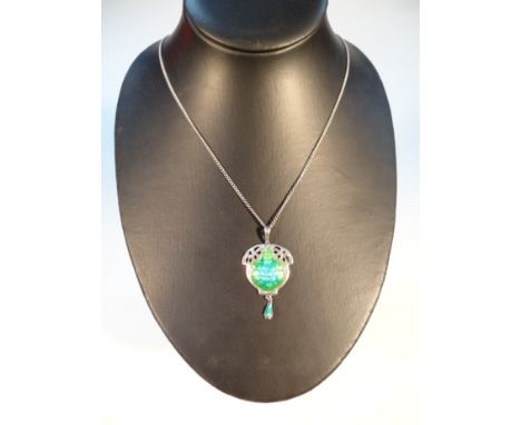 An Edwardian Art Nouveau silver and enamel pendant, by Somers and Eccles, with drop end attached to a slender link chain, 44c