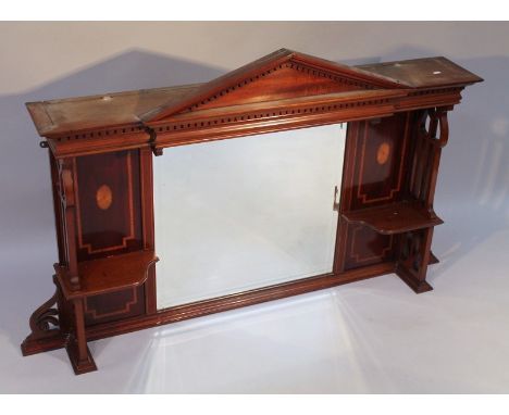 An Edwardian mahogany and boxwood strung over mantel mirror, in the classical style with a fixed pedimented dentil cornice, r