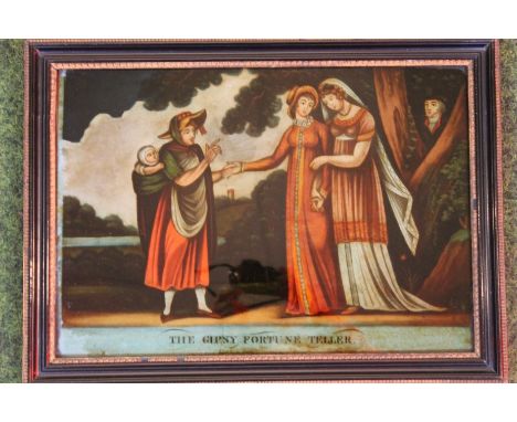 After W B Walker (19thC). The Gypsy Fortune Teller, Reverse print on glass, 25cm x 36cm.