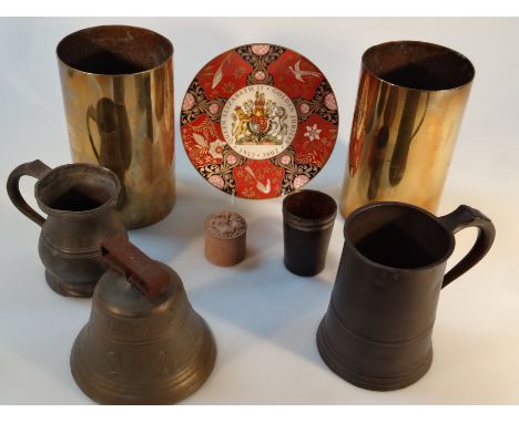 Various bygones and collectables, comprising two brass shell cases of cylindrical form, 22cm high, 19thC horn beaker, stonewa