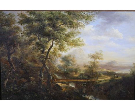 *Charles Ross (b.1920). Figures before river and path with trees in the distance on a summers day, oil on board, signed, 38.5