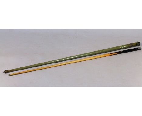 A Graham Miles wooden snooker cue, of one piece form contained in a cylindrical metal case, 145cm high.