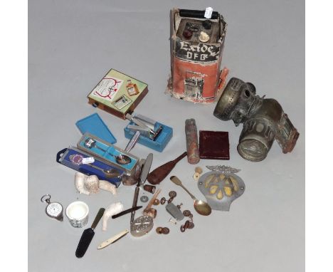 Various bygones and collectables, to include an Eperon Rouge pressed card advertising matchstick holder, pen knives, clay and