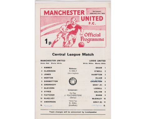 Programme single sheet Manchester United Reserves v Leeds United Reserves 1972/73. Very light horizontal fold. Neat team chan