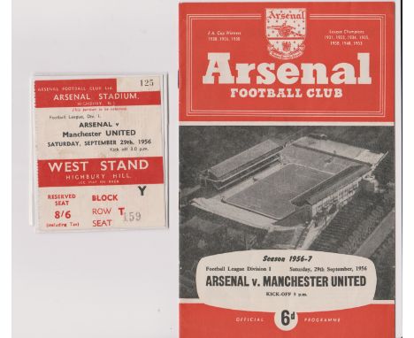 Programme &amp; ticket Arsenal v Manchester United 29th September 1956. Programme and ticket good.