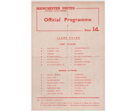 Single sheet programme Manchester United Reserves v Everton Reserves 28th April 1956. Light horizontal fold with a team chang