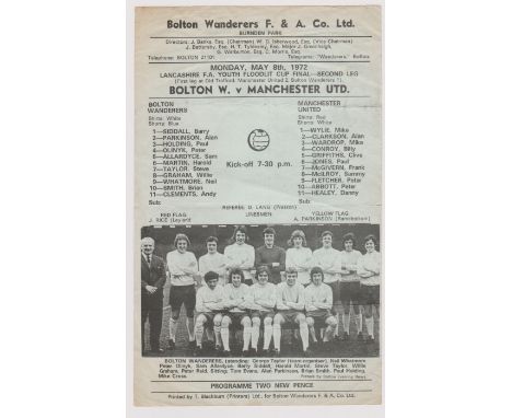Single sheet programme Bolton Wanderers v Manchester United Lancashire FA Floodlit Youth Competition Final 2nd Leg 8th May 19