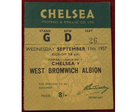 Chelsea v West Bromwich Albion Ticket&nbsp;11th September 1957. Good/very good