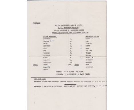 Single sheet programme Bolton Wanderers v Manchester United Lancashire FA Youth Cup 2nd Round 30th November 1981. Light folds