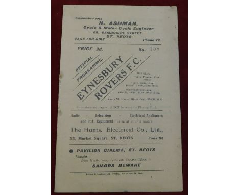 Eynesbury Rovers v Harwich &amp; Parkeston Eastern Counties League 8th November 1952 Programme. Light staple rust. Generally 