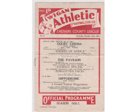 Programme Wigan Athletic v Chester 17th October 1936. Cheshire League. Light horizontal fold. No writing. Generally good. 