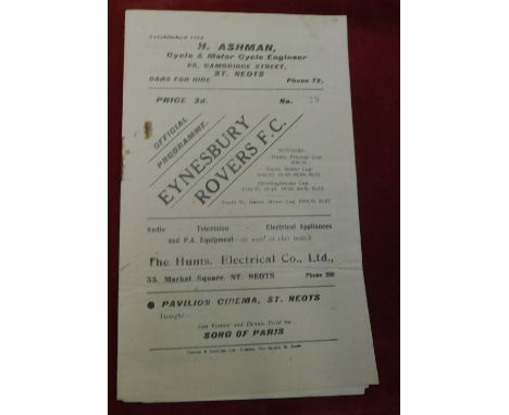 Eynesbury Rovers v Colchester United Reserves (then a League Club) Eastern Counties League 4th October 1952 Programme. Light 