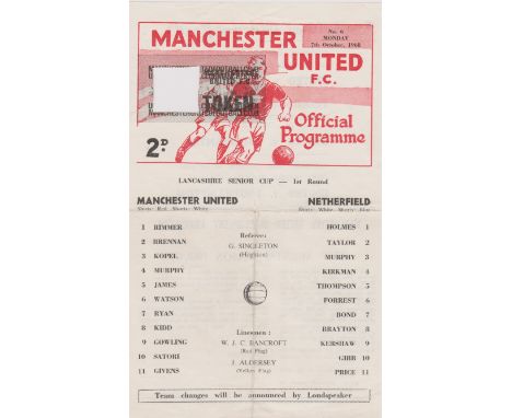 Single sheet programme Manchester United v Netherfield Lancashire Senior Cup 1st Round 7th October 1968. Light folds. No toke