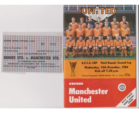 Ticket and programme for 3 Manchester United matches in Scotland Dundee United v Manchester United UEFA Cup 1984/85, Celtic v
