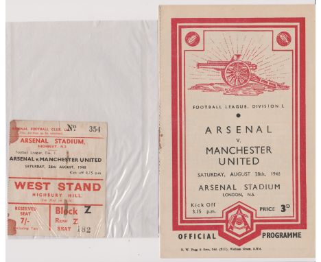 Programme and ticket for Arsenal v Manchester United 28th August 1948. Programme lacks staples with score inserted. Ticket ha