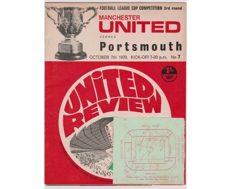 Programme and ticket Manchester United v Portsmouth League Cup 3rd Round 7th October 1970, The ticket has been stuck to the f