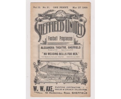 Programme for the FA Cup Semi Final Manchester United v Newcastle United 27th March 1909 at Bramall Lane. Ex Bound Volume. Go