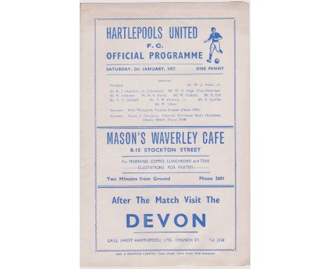 Programme Hartlepools United v Manchester United FA Cup 3rd Round 5th January 1957. 4 Page. No writing. Good/very good. 