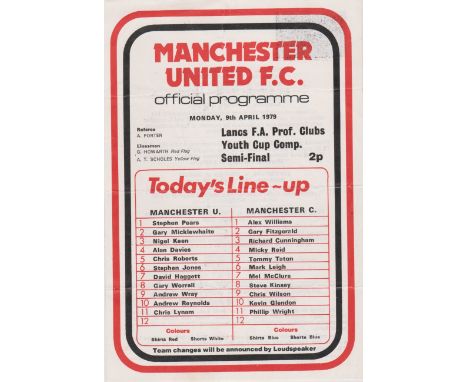 Single sheet programme Manchester United v Manchester City Lancashire FA Youth Cup Semi Final 9th April 1979. Light horizonta