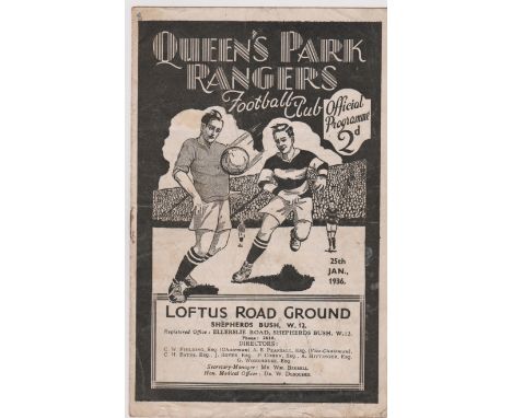 Programme Queen's Park Rangers v Swindon Town 25th January 1936. Light staple rust. No writing. Generally good. 