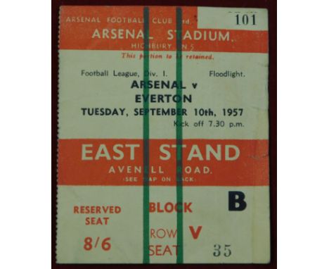 Ticket&nbsp;Arsenal v Everton 10th September 1957. minute tear at side. Generally good
