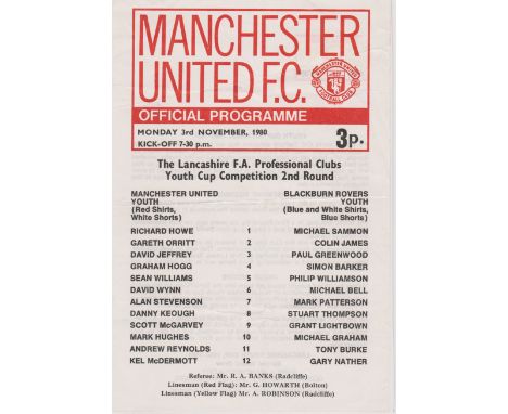 Single sheet programme Manchester United v Blackburn Rovers Lancashire FA Youth Cup 2nd Round 3rd November 1980. Very light h