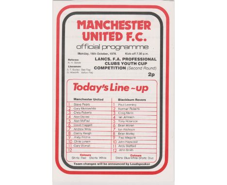 Single sheet programme Manchester United v Blackburn Rovers Lancashire FA Youth Cup 2nd Round 16th October 1978. No writing. 