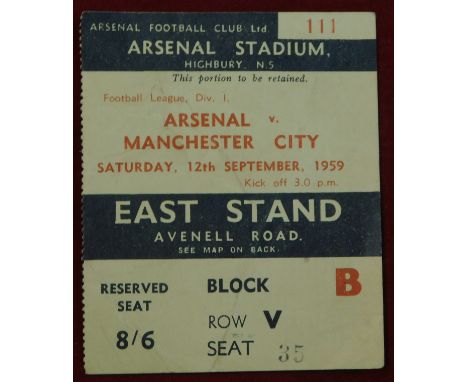 Ticket&nbsp;Arsenal v Manchester City 12th September 1959. Light creasing. Generally good&nbsp;